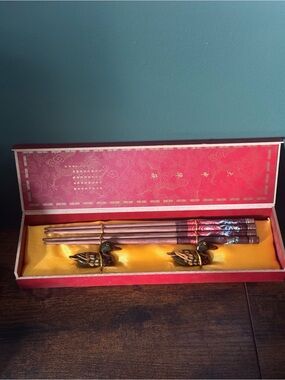 Vintage Decorative Wooden Chopstick Set with Duck Rests - Mid 1990’s - 2000’s
